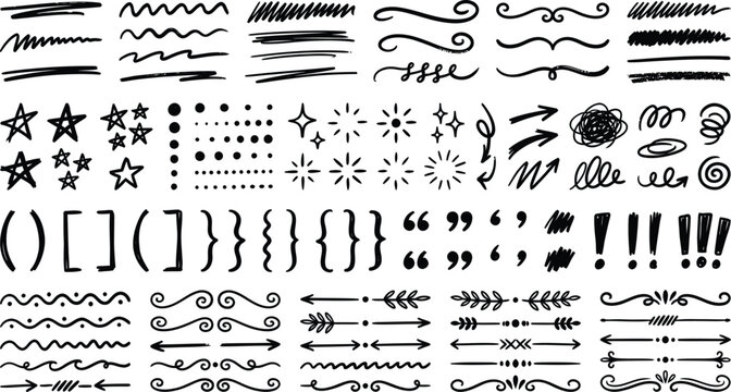 Collection of hand drawn ink doodle elements including lines dividers stars arrows brackets punctuation marks and decorative swirls