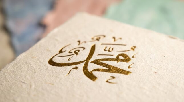 Gold Arabic calligraphy of Prophet Muhammad on handmade paper.
