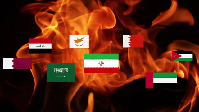 Middle East conflict crisis, geopolitical tension, escalating warfare, smoke and fire in the region. Concept of global defense, international crisis, combat threat, and regional unrest