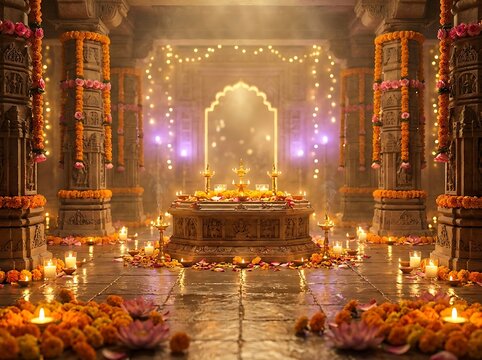 Beautifully decorated hindu temple interior with glowing oil lamps and flowers