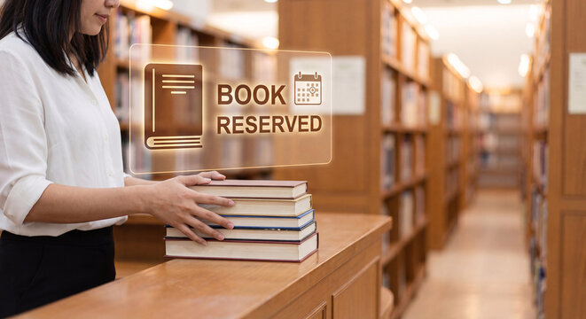 woman holds books with book reserved hologram, display open book icon, show due date calendar symbol, confirm library checkout status, track book rental record