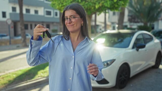Woman holding car keys with arms crossed and slight smirk by a white sedan on a sunny street lined with trees and building facades; confidence.