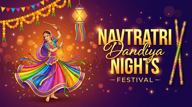 Navratri dandiya nights festival celebration poster with traditional dancer