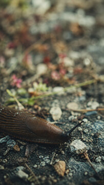 Brown slug crawling on wet ground with small stones and wild plants, close-up nature shot with blurred background