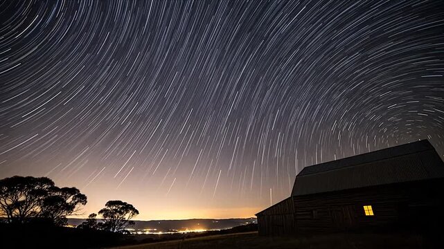 A rustic wooden barn under a vibrant swirling night sky