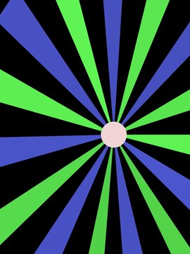 Abstract geometric starburst pattern with radiating blue and green rays and central pink circle