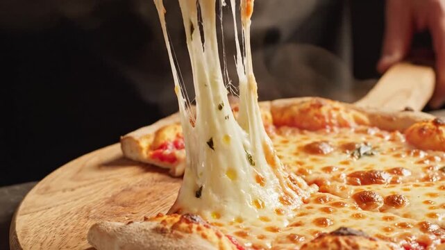 A slice of hot cheesy flatbread being lifted from a board
