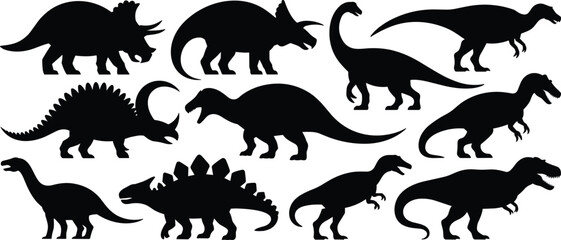 Collection of various dinosaur silhouettes including triceratops, stegosaurus, and long necked sauropods isolated on a white background, for educational projects © Ahila