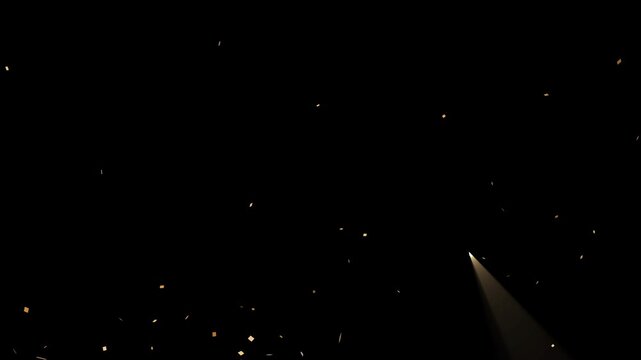 Gold confetti falling isolated on black background for party celebration, Realistic confetti explosions with golden ray, for compositing into your cgi scene, 4K