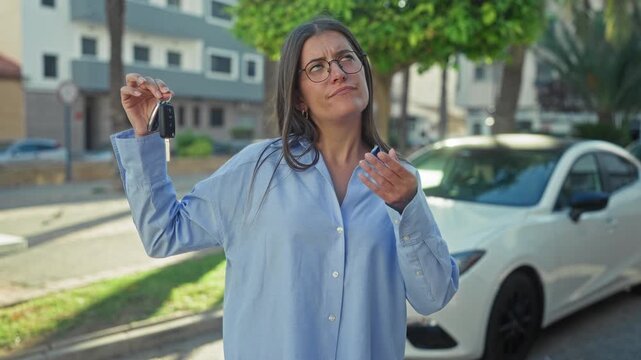 Woman holding car keys, hand on chin beside a white car on a residential street; contemplation decision planning.