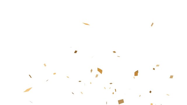 Golden confetti falling against a clean white background bright pieces down, golden confetti party popper burst, overlay background 4K