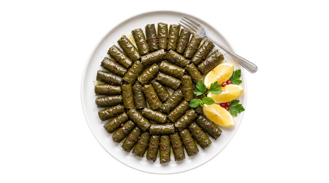 Traditional stuffed grape leaves on white plate. Mediterranean dolma with lemon and parsley. Middle Eastern sarma appetizer for restaurant menu. isolated PNG with Transparent Background