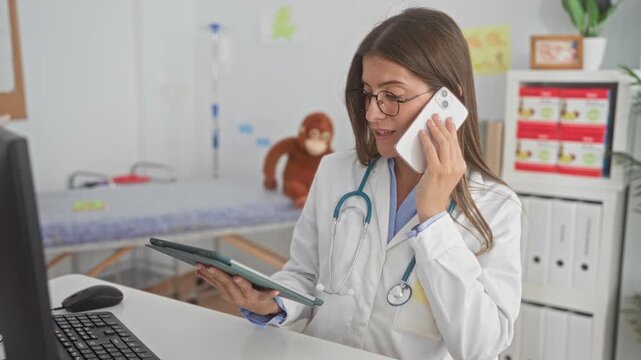 Woman doctor holds smartphone to ear and reads a tablet at a pediatric exam desk in building; compassionate care.