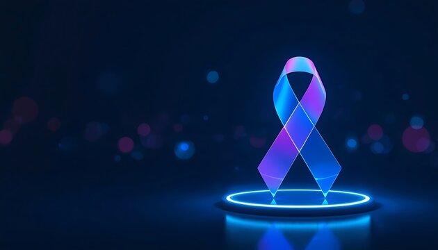 Glowing awareness ribbon on an illuminated pedestal with bokeh background.