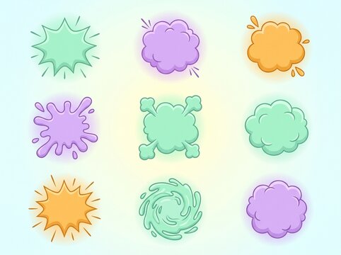 Collection of nine colorful cartoon speech bubbles, thought clouds, and explosion shapes with various outlines and pastel colors.
