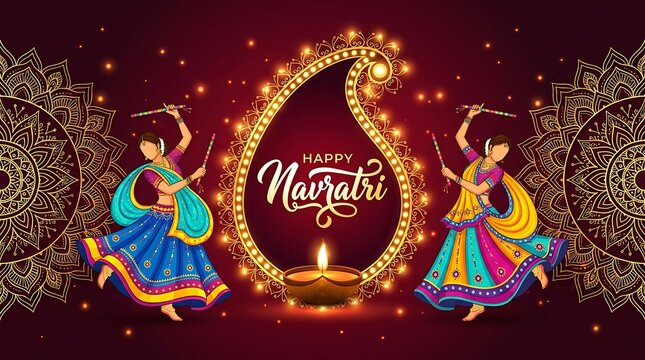 Happy navratri greeting card with traditional garba dancers and diya