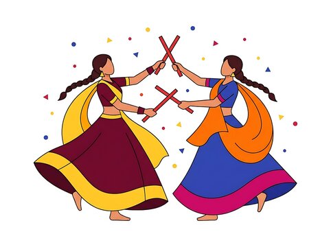 Two women dancing garba with dandiya sticks in traditional indian attire