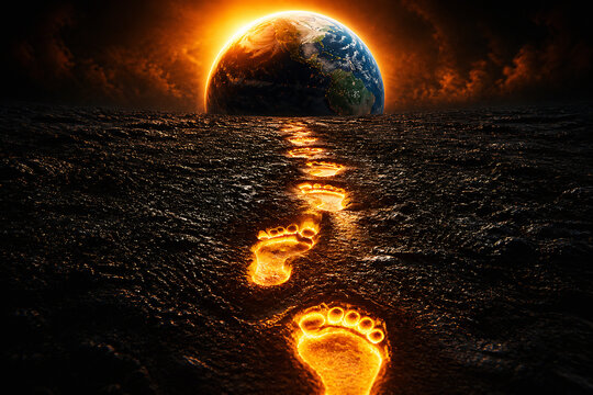 A glowing footprint trail leads across dark, wavy water toward a luminous planet in the night sky.