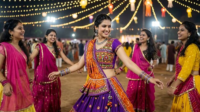 Group of indian women dancing in traditional attire at a festive celebration