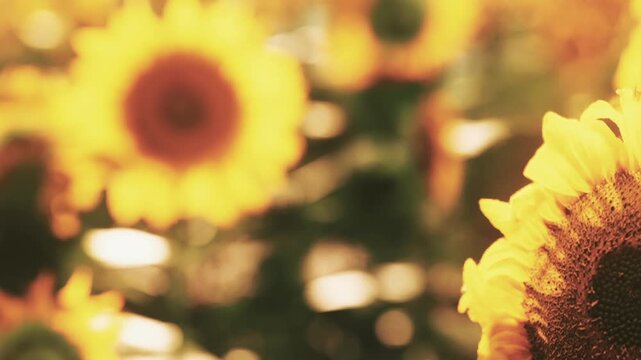 A field filled with sunflowers stands tall under the bright sun. The flowers face the light, creating a vibrant scene. Bees buzz around, adding to the lively atmosphere of the day.