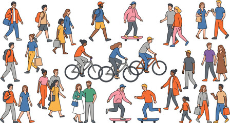 Fototapeta premium Diverse People Walking Cycling and Skateboarding Outdoor Lifestyle Character Collection Isolated on White Background Vector Illustration