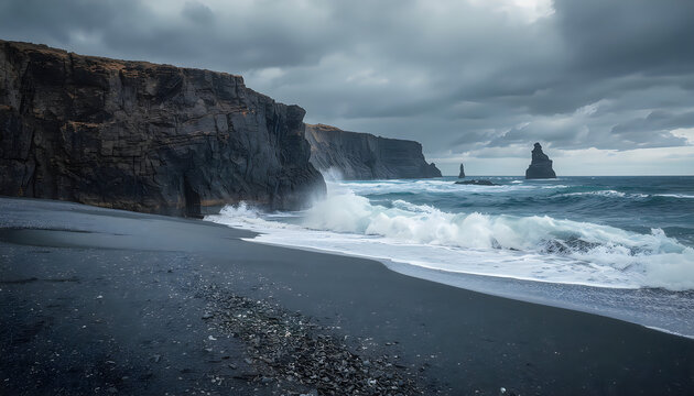 Dramatic icelandic black sand beach landscape with dark basalt cliffs and ocean sea.
