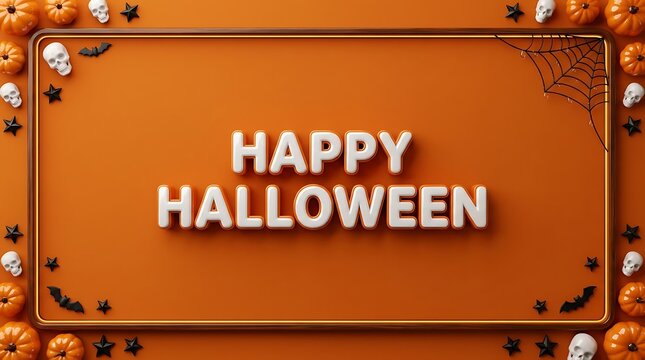 Happy halloween sign framed by pumpkins skulls and spider webs on orange