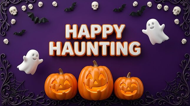 Happy haunting text surrounded by carved pumpkins, ghosts and skulls on purple