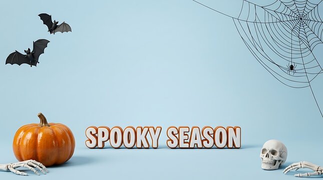 Spooky season lettering banner with pumpkin, skull, bats and spider web on blue