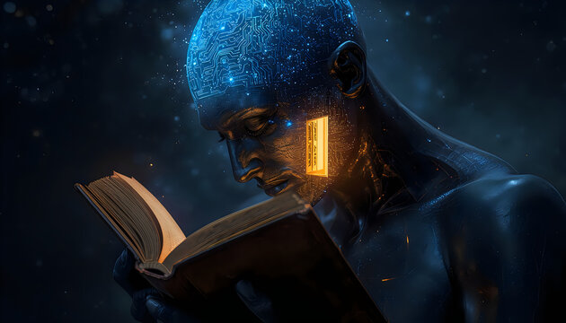 Futuristic cyborg head with circuit brain reading glowing book in cosmic setting.