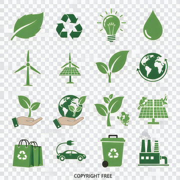 Green ecology and sustainability icon set for environmental conservation design.