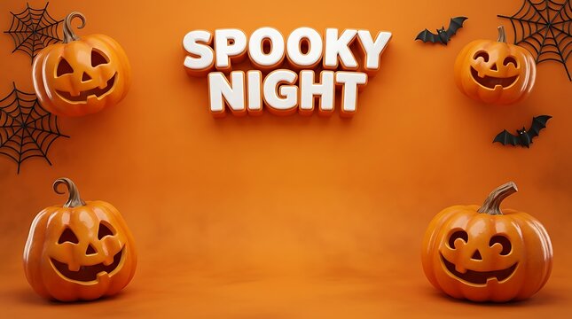 Spooky night halloween background banner with carved jack o lanterns and bats