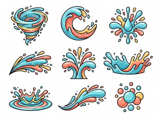 Fototapeta premium Set of colorful cartoon water splashes, waves, and liquid elements in various dynamic forms and styles.