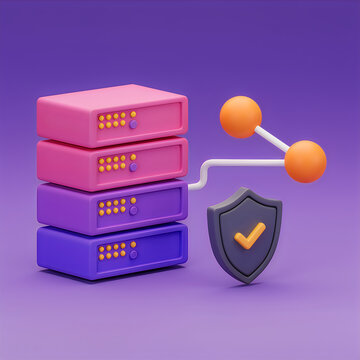 3D render illustration of a secure server rack and network data protection concept