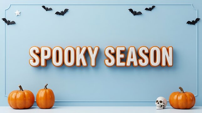 Spooky season typography text with halloween pumpkins bats and skull