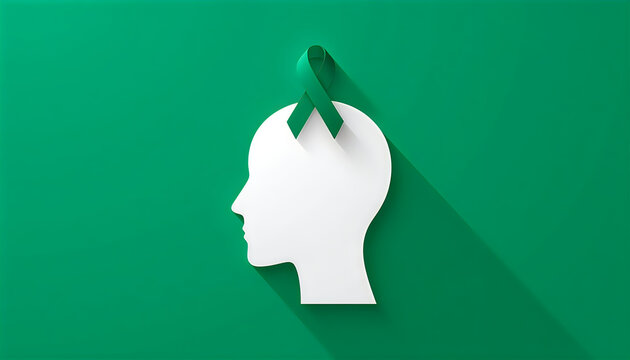 Human profile silhouette with green mental health awareness ribbon on forehead.