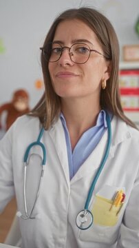 Woman doctor with stethoscope and glasses smiling with eyes closed, pen visible in labcoat pocket, in a building pediatric exam room; warmth care trust.