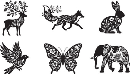 Obraz premium Botanical Animal Silhouette Collection Featuring Deer, Fox, Rabbit, Bird, Butterfly and Elephant with Intricate Floral and Leaf Patterns Isolated on White Background