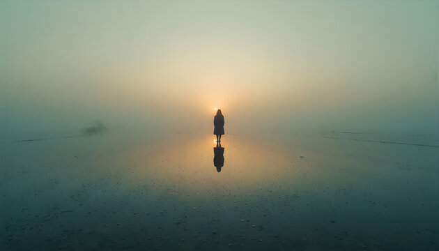 Lone figure on reflective water surface in golden sunset serene landscape.