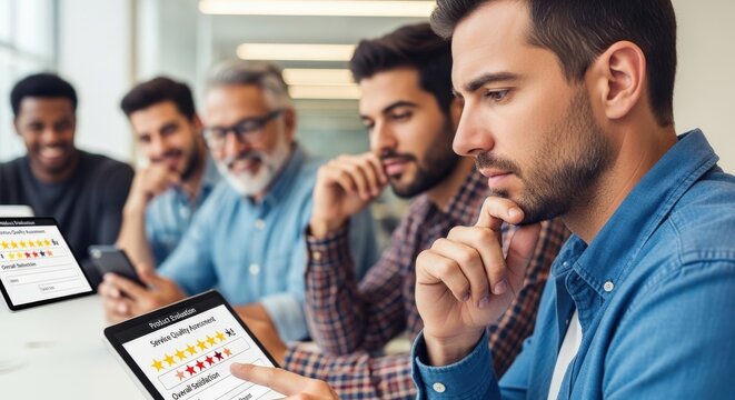 Diverse business team reviewing customer feedback on tablets, professional colleagues analyzing digital survey results in modern office