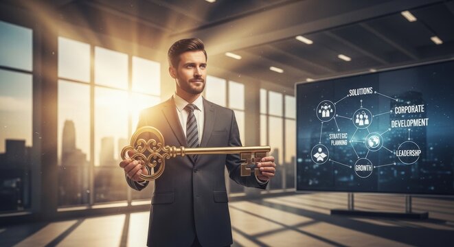 Successful businessman holding golden key to success. Corporate leader with key in office. Business growth and leadership concept.