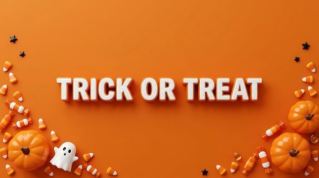 Trick or treat halloween text surrounded by pumpkins candy and ghost flat lay