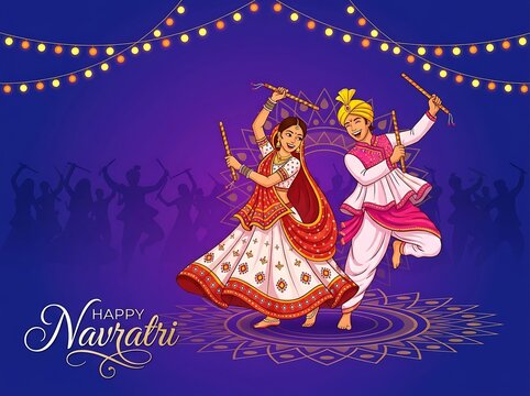 Happy navratri celebration with couple performing traditional dandiya raas dance