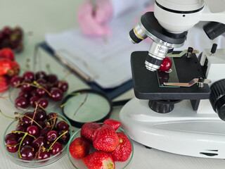 Research on fruit quality using a microscope in a laboratory © Nadzeya