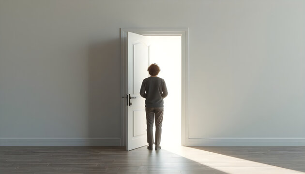 Man standing in doorway open to bright light representing new opportunity and hope.