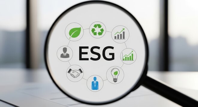 ESG criteria analysis through magnifying glass, environmental social and governance icons, corporate sustainability concept