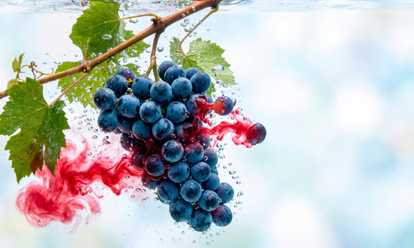 A bunch of burst, juicy blue grapes fell into the water