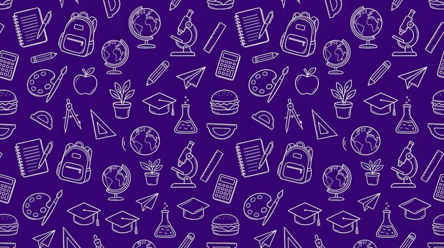 Seamless pattern of hand drawn school supplies and education icons on a dark purple background