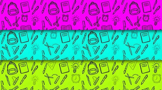 Seamless pattern with hand drawn school supplies on vibrant neon pink cyan and lime green background textures