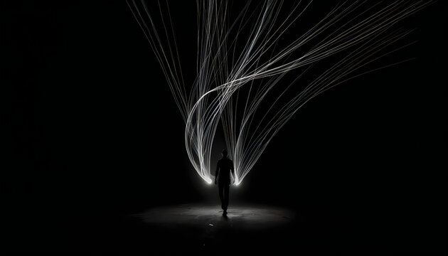 Person walking through darkness with glowing white light trails emanating from hands.